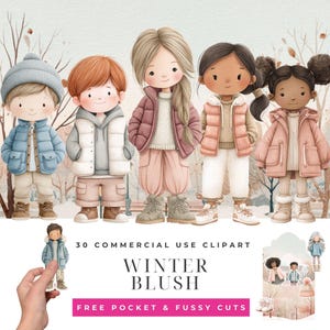 Puede incluir: Ilustración en acuarela de cinco niños con ropa de invierno. Los niños llevan abrigos, gorros y botas en tonos azules, rosas y blancos. La imagen incluye el texto "30 COMMERCIAL USE CLIPART" y "WINTER BLUSH".