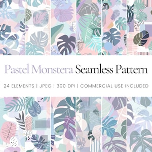May include: A set of 24 seamless patterns featuring pastel-coloured monstera leaves and abstract shapes. The patterns are perfect for creating digital or printed designs.
