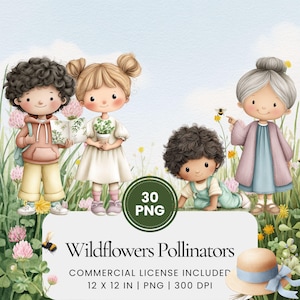 Aquarelclipart van wilde bloemenbestuivers, PNG's van zomermeisjes en bijen, Cottagecore Pastel Garden Bundle, Illustratieset voor natuurkwekerijen