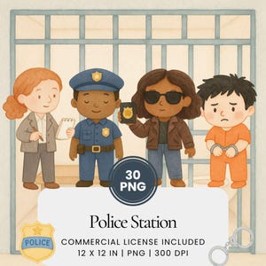 Politiebureau aquarel clipart bundel, wetshandhaving PNG set, rechercheur kinderillustraties, gevangenis scène elementen voor knutselen