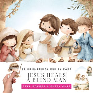 Puede incluir: Ilustración en acuarela de Jesús curando a un ciego, con varias figuras con túnicas y una figura con los ojos vendados con un bastón. El texto dice "Jesús cura a un ciego" y "30 imágenes prediseñadas de uso comercial".