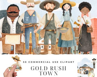 Gold Rush Town Clipart Bundle, Watercolor Wild West Frontier Illustrations, Prospector Saloon Keeper, Western Characters Designs Download