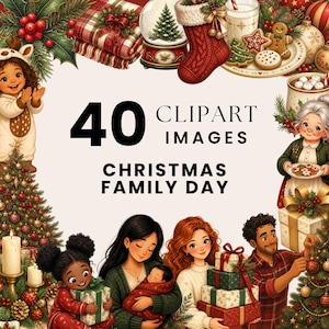 Puede incluir: Una colección de 40 imágenes prediseñadas de día familiar navideño que incluyen ilustraciones de un árbol decorado, un niño con traje de reno, una persona con un bebé, regalos, una abuela con galletas y un calcetín navideño.