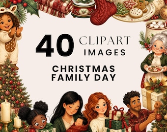 Christmas Family Day Clipart, Holiday Tree PNG, Cozy Family Illustrations, Watercolor Christmas Gift Bundle, Stocking Cocoa Wreath Art