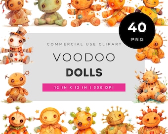 Voodoo dolls clipart set, cute stitched rag dolls with buttons and pins for halloween crafts stickers invitations and sublimation