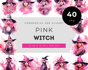 Roze heks clipart bundel, vrouwelijke hekserij kunst png set, pastel fantasie tovenares illustratie, meisjesachtig Halloween magie esthetische grafische pakket