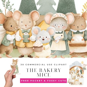 Puede incluir: Un conjunto de ilustraciones digitales con cinco ratones antropomórficos en varios atuendos, incluyendo un panadero y un lector. El texto dice 30 COMMERCIAL USE CLIPART THE BAKERY MICE FREE POCKET & FUSSY CUTS. Tonos de acuarela suaves.