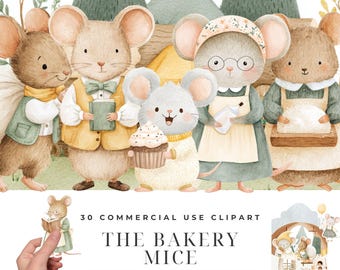 Bakery Mice Clipart Bundle, Watercolor Cute Baker Mouse PNG, Cottagecore Nursery Animal Clipart, Storybook Mouse Family Bakery Download