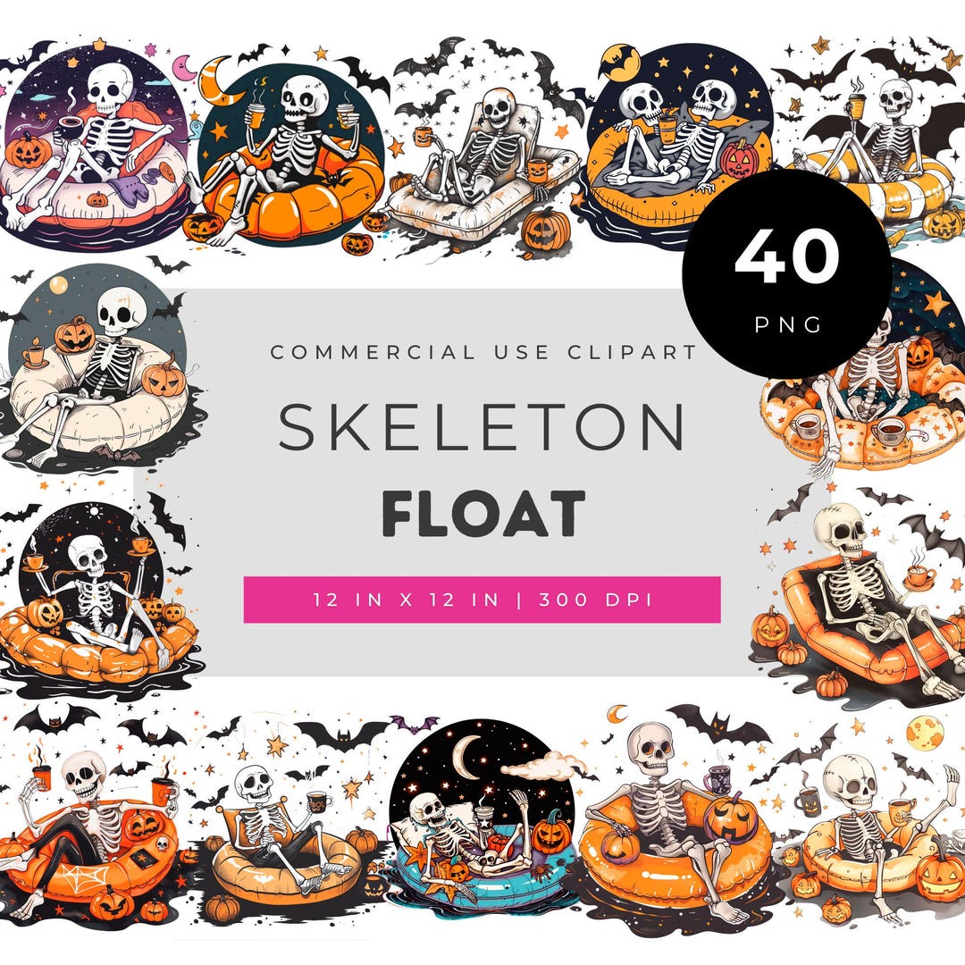 Skeleton Flo Skeleton Float Clipart Set, Spooky Skeletons Relaxing on Halloween Pool ...