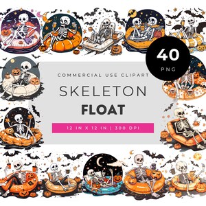 Set clipart van skeletten die ontspannen op Halloween-zwembadvlotten met pompoenen, vleermuizen en een maan voor knutselwerkjes en sublimatie.