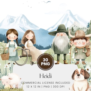 Heidi Clipart - 30 PNG - Digitale Planner, Junk Journaling, Muurkunst, Commercieel Gebruik, Sublimatie, Scrapbooking, Kaarten, Mokken, Scènegenerator