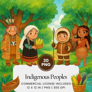 Puede incluir: Ilustración en acuarela que presenta a cuatro pueblos indígenas con vestimenta tradicional, ambientada en un entorno natural. La imagen incluye el texto "Indigenous Peoples" y detalles sobre el tamaño y la resolución de la imagen.