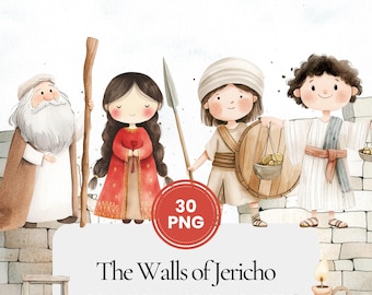 Ensemble d'images clipart bibliques sur les murs de Jéricho, la bataille de Josué, aquarelles chrétiennes de l'Ancien Testament pour les activités d'école du dimanche et le journal de foi.