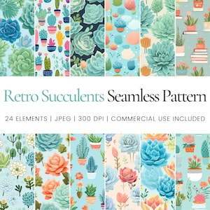Puede incluir: Un conjunto de 24 patrones digitales sin costuras que presentan suculentas de estilo retro en varios colores y arreglos. Los patrones son perfectos para manualidades, scrapbooking y otros proyectos creativos.