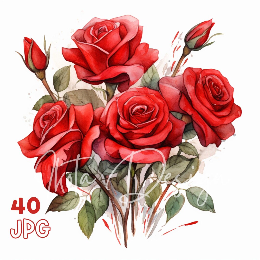 Red Roses Bouquet Clipart - 40 High Quality Jpgs - Digital Planner ...
