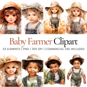 Baby Farmer Clipart PNG Bundle, Cute Toddler in Overalls Illustration Set, Country Childhood Graphics, Farm Theme Character Design, Download