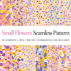 Puede incluir: Un conjunto de 24 patrones digitales sin costuras que presentan pequeñas flores en varios colores, incluidos amarillo, rosa, morado y azul, sobre un fondo blanco. El texto "Small Flowers Seamless Pattern" y "24 ELEMENTS | JPEG | 300 DPI | COMMERCIAL USE INCLUDED" se muestra debajo de los patrones.
