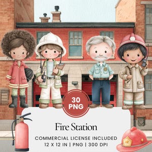 Fire Station Watercolor Clipart Bundle, Firefighter Kids PNG, Emergency Services Illustrations, Fire Truck Pastel Clip Art, Boys Room Decor
