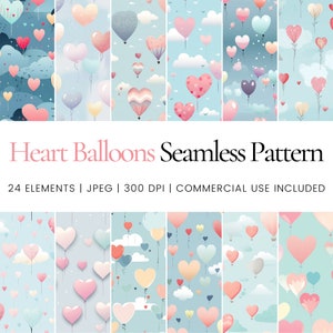 Heart Balloons Seamless Repeat Pattern, Digital Papers, Background, Tumbler Wrap, Printable, Commercial Use Digital Paper, Mugs, Home Decor