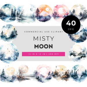 Watercolor misty moon landscape clipart set, mystical forest moon scenes printable art, commercial use moonlight clip art bundle JPG