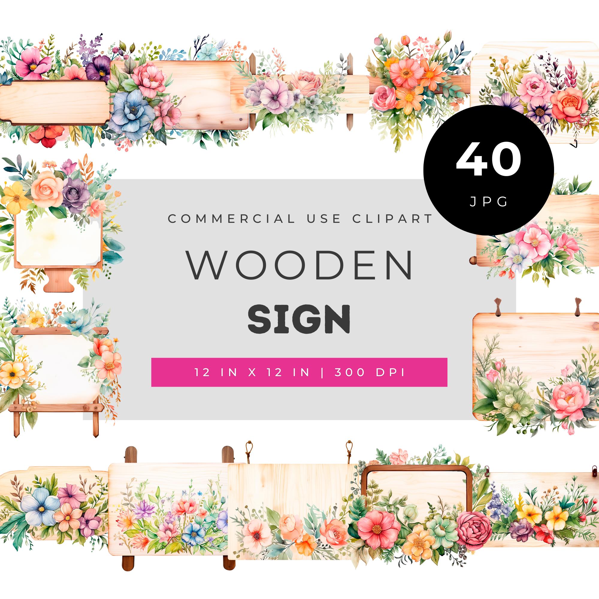Watercolor Wooden Sign Clipart With Floral Decor, Rustic Wood Labels ...