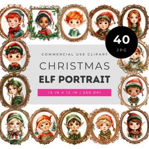 Christmas elf portrait clipart, vintage watercolor elf faces in ornate frames, cute holiday character illustrations, fantasy art JPG set