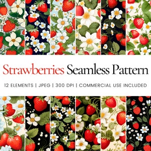 Puede incluir: Doce patrones sin costuras que presentan fresas rojas y flores blancas sobre una variedad de fondos, que incluyen negro, blanco y verde.  "Strawberries Seamless Pattern" está escrito en rojo en la parte superior de la imagen.  "12 Elements | JPEG | 300 DPI | COMMERCIAL USE INCLUDED" está escrito en negro debajo del título.
