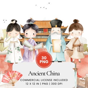 Ancient China Clipart - 30 PNG - Digital Planner, Junk Journaling, Commercial Use, Sublimation, Scrapbooking, Cards, Mugs, Scene, Stickers