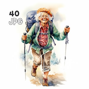 Nonna Hiking Clipart - 40 JPG di alta qualità - Pianificatore digitale, Junk Journaling, Acquerello, Arte della parete, Uso commerciale, Download digitale, Tazza