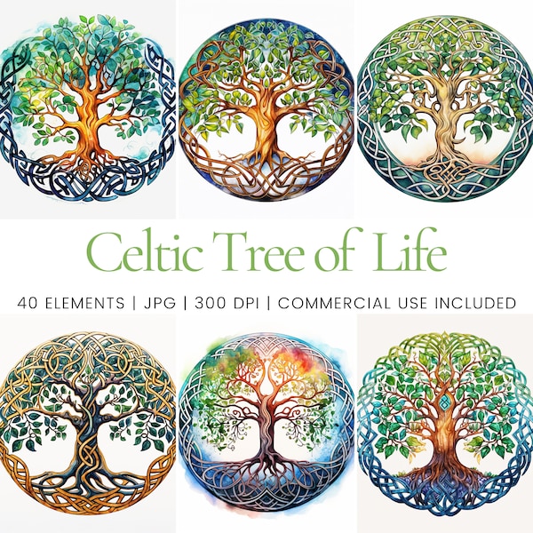 Celtic Tree of Life Clipart - 40 High Quality JPGs - Digital Planner, Junk Journaling, Watercolor, Commercial Use, Digital Download, Mugs