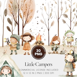 Little Campers Clipart - 30 PNG - Digitale planner, junk journaling, wandkunst, commercieel gebruik, sublimatie, scrapbooking, kaarten, mokken, scène