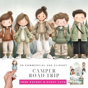 Puede incluir: Ilustración en acuarela de cinco figuras de dibujos animados con mochilas, vestidas con ropa de exterior, de pie frente a un fondo de montaña. La imagen incluye el texto "CAMPER ROAD TRIP" y "30 COMMERCIAL USE CLIPART".