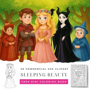 Puede incluir: Ilustración de personajes de La Bella Durmiente, incluyendo Aurora, el Príncipe Felipe y Maléfica. La imagen también incluye un libro para colorear y el texto "Sleeping Beauty" y "Free Mini Coloring Book."