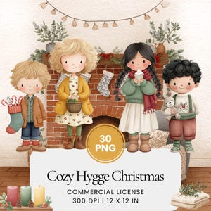 Puede incluir: Ilustración en acuarela con cuatro niños de dibujos animados frente a una chimenea. Los niños visten ropa de invierno y sostienen varios objetos. La imagen incluye el texto "Cozy Hygge Christmas" y "30 PNG".