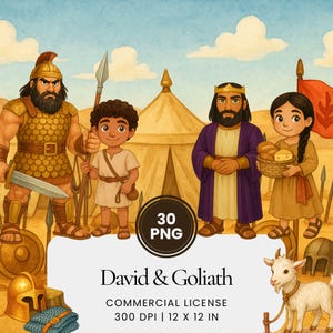 Puede incluir: Ilustración en acuarela con personajes de la historia de David y Goliat. La imagen incluye un guerrero con armadura dorada, un niño, un rey y una niña con una cesta de pan. Se muestra el texto "David & Goliat".