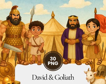 Puede incluir: Ilustración en acuarela con personajes de la historia de David y Goliat. La imagen incluye un guerrero con armadura dorada, un niño, un rey y una niña con una cesta de pan. Se muestra el texto "David & Goliat".