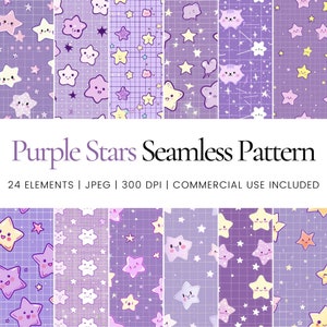 Puede incluir: Un conjunto de 24 patrones digitales sin costuras con estrellas moradas, amarillas y blancas con caras lindas sobre un fondo morado. Los patrones son perfectos para scrapbooking, papel digital y otros proyectos creativos.