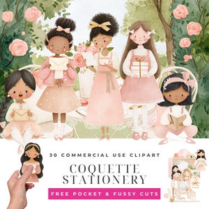 Puede incluir: Un conjunto de ilustraciones digitales con cinco personajes diversos en atuendos rosas y crema, sosteniendo artículos de papelería como sobres y libros. El texto dice 30 COMMERCIAL USE CLIPART COQUETTE STATIONERY FREE POCKET & FUSSY CUTS.