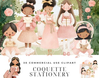 Coquette Stationery Girls Clipart Bundle, Watercolor Pink Bow Letter Writer, Pen Pal Pretty Stationery Clipart, Coquette Aesthetic Download