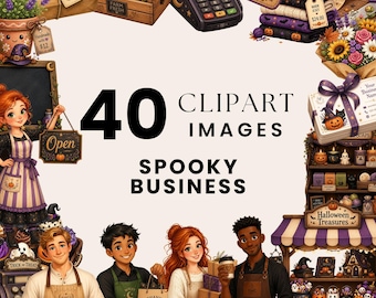 Spooky Small Business Clipart Bundle, Watercolor Halloween Shop Owner PNG, Witchy Entrepreneur Clipart, Small Business Halloween Season