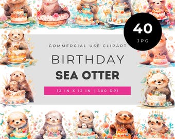 Birthday Sea Otter Clipart JPG, Cute Otter Cake Party Illustration Set, Whimsical Ocean Animal Celebration Artwork