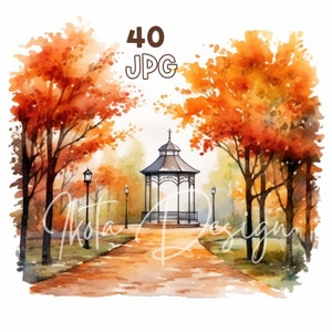 秋の公園クリップアート - 40 高品質 JPG - デジタル プランナー、ジャンク ジャーナリング、水彩、商用利用、デジタル ダウンロード、ウォール アート