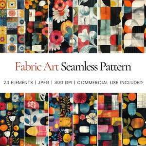 Puede incluir: Un conjunto de 24 patrones digitales sin costuras que presentan formas geométricas abstractas, diseños florales y follaje en una vibrante paleta de colores rojo, amarillo, azul, verde y negro. Los patrones son perfectos para telas, papel tapiz y otros proyectos creativos.