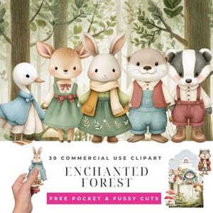 Puede incluir: Ilustración en acuarela de cinco animales del bosque antropomórficos: un pato, un ciervo, un conejo, una nutria y un tejón, en un entorno forestal. La imagen incluye el texto "ENCHANTED FOREST" y "30 COMMERCIAL USE CLIPART".
