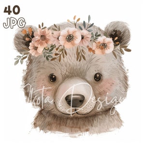 Baby Bear & Flowers Clipart - 40 High Quality JPG -Digital Planner, Junk Journaling, Minimalistic, Commercial Use, Digital Download, Nursery