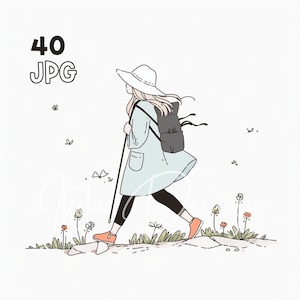 Hiking Girl Clipart - 40 High Quality JPGs - Digital Planner, Junk Journaling, Wall Art, Simple Lines, Commercial Use, Digital Download, Mug