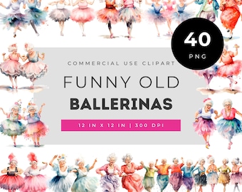Funny old ballerinas clipart set, dancing grandma illustrations for crafts, whimsical senior dancer art for cards, scrapbooking, planners