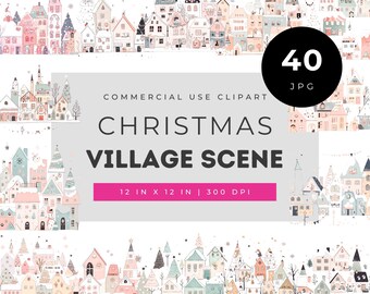 Christmas village scene clipart bundle, cozy pastel watercolor town illustrations with snowy houses and trees for holiday cards invitations