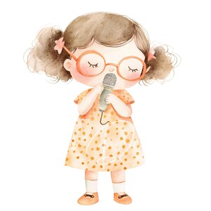 May include: A watercolor illustration of a girl with brown hair wearing glasses and a yellow polka dot dress. She is holding a microphone and singing.
