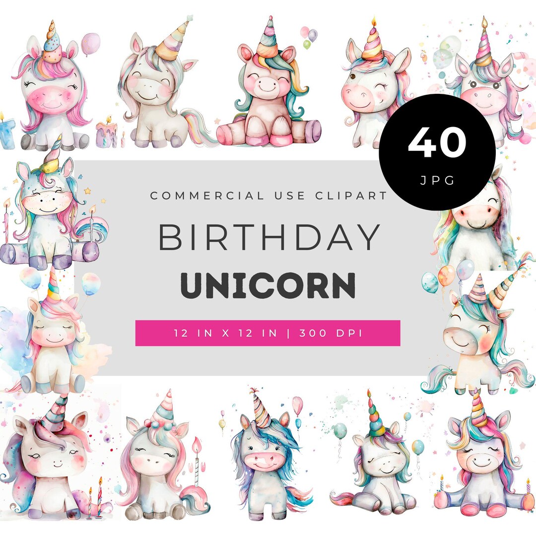 Birthday Unicorn Clipart Watercolor Cute Unicorn Png Bundle Pastel ...